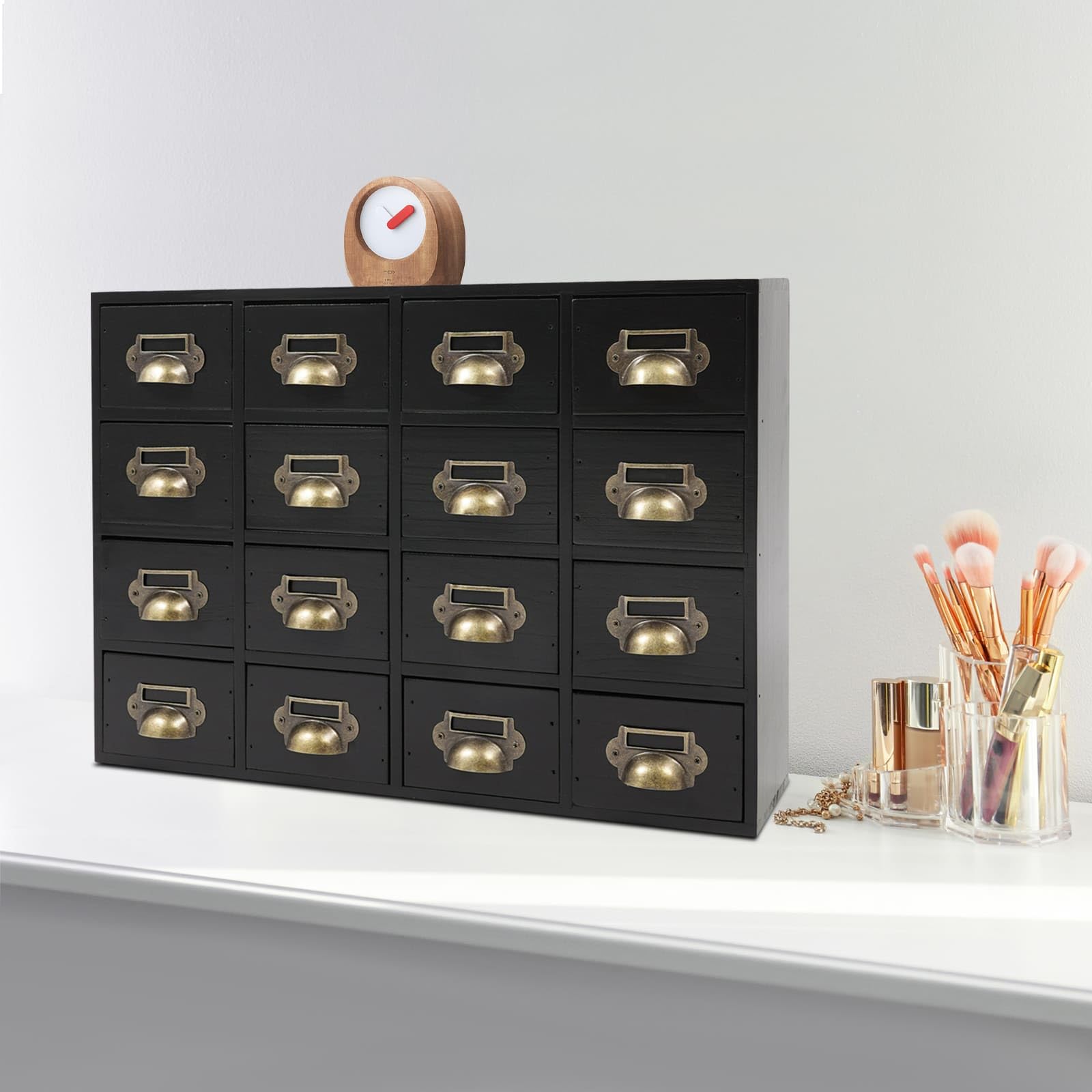 Scatola portaoggetti da tavolo con 16 cassetti, organizer da scrivania in legno, pronto all'uso, per forniture di ufficio, gioielli, medicinali (nero)
