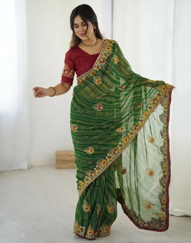 Image of Women's Georgette Bandhani Printed Embroidery Saree with Unstitched Blouse Piece