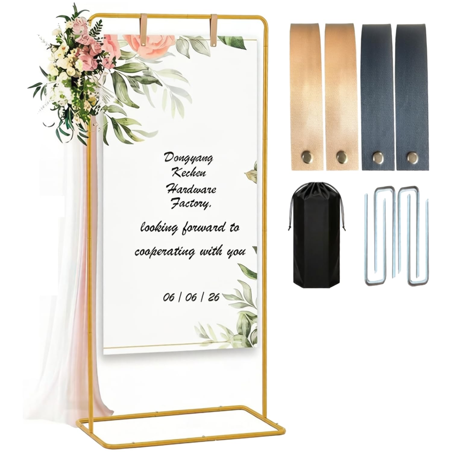 Hochzeitsschild Halter, Schweres Metall Quadratisches Hintergrundgestell 1.75m mit 4 Lederriemen für Outdoor & Indoor, Willkommensschild Halter für Partydeko, Posters, Hochzeit und Jede Feier