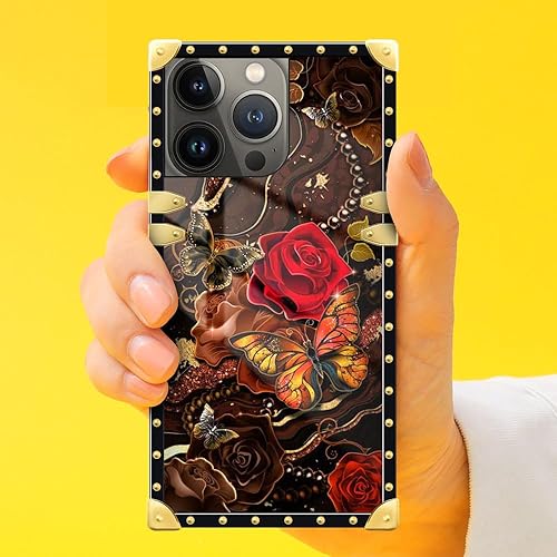 Miniatura 5 de DAIZAG Funda compatible con iPhone 14 Pro Max, funda de mariposa dorada de cártamo para niñas y mujeres, decoración cuadrada de esquinas de metal,