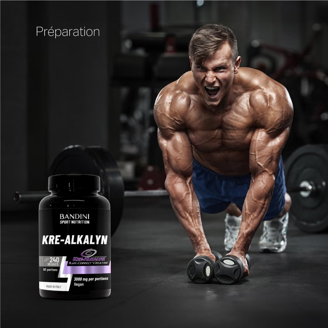Bandini® Kre-Alkalyn® 240 capsules - Créatine alcaline tamponnée - Booster | Spécial Exercices intenses, Entraînement, Muslces, Sport et Gym - Gélules Végétalien - Monohydrate de creatine tamponnée