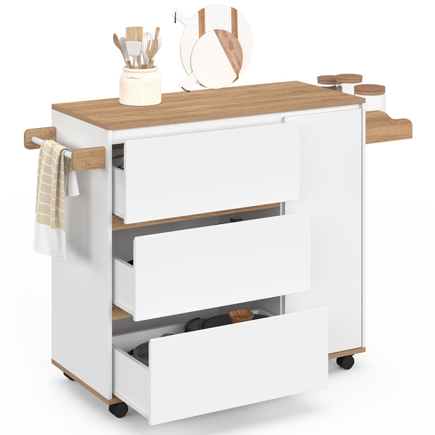 IDMarket - Credenza COMI XXL con 3 cassettoni e armadio bianco e piano effetto faggio L. 90 cm