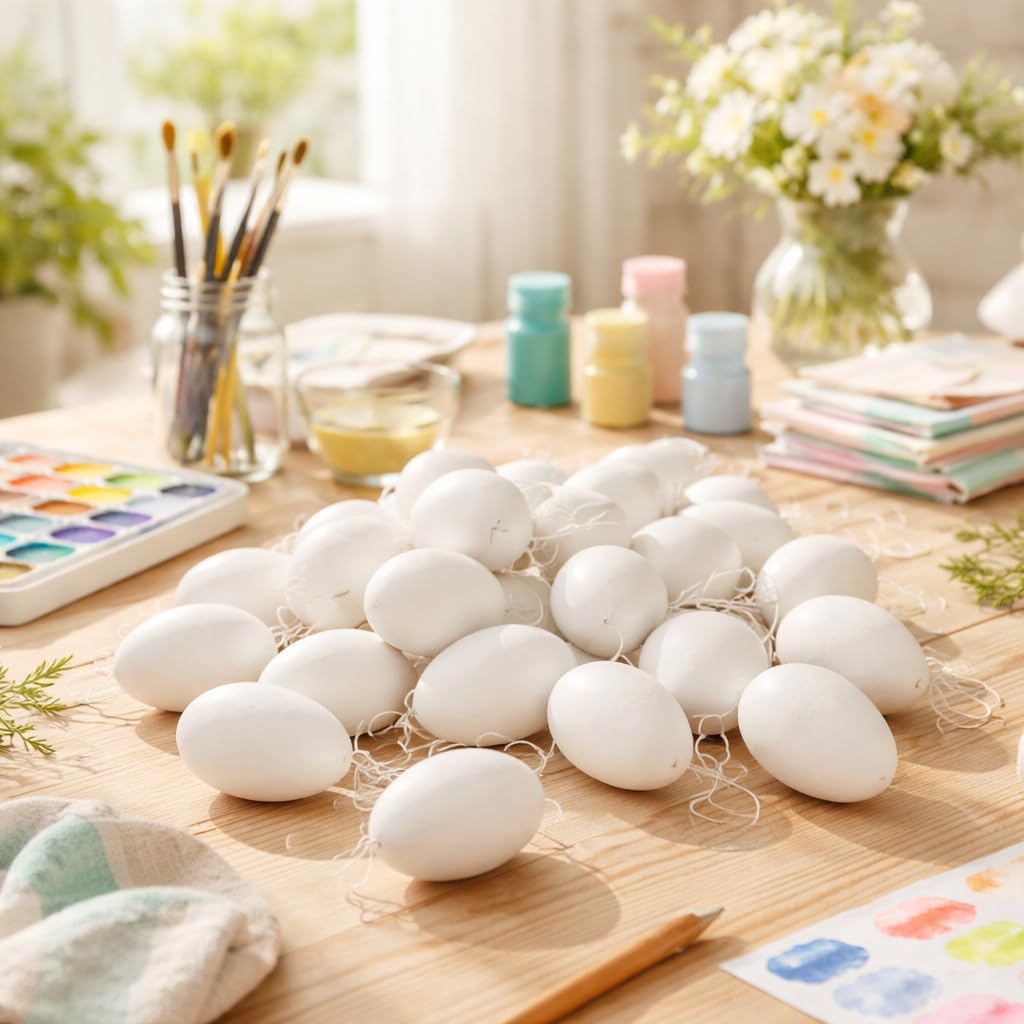 16 Weiße Plastik-Ostereier Mit Pinseln, Aufklebern & Seil – DIY Bastelset Für Osterdekoration