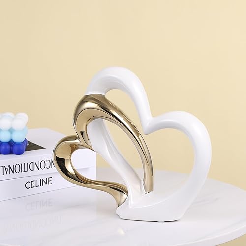 Miniatura 4 de Estatua de cerámica en forma de corazón blanco y dorado, elegantes corazones dobles para el día de San Valentín, centros de mesa, estantes, sala de