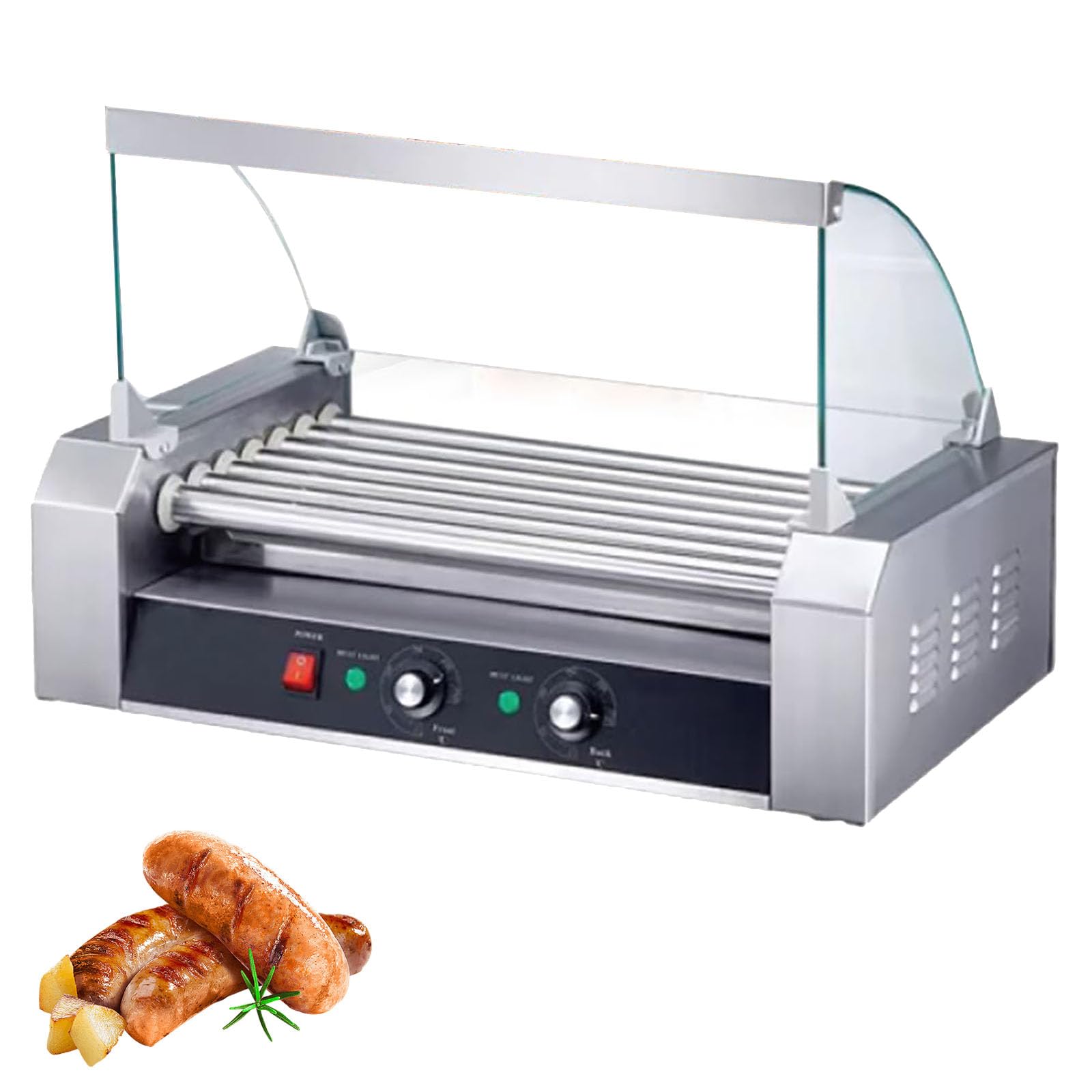 Olla para Parrilla de Salchichas con Rodillo para Perritos Calientes, Máquina Comercial con Rodillo para Perritos Calientes de Acero Inoxidable con Control de Temperatura Dual 5 Sticks