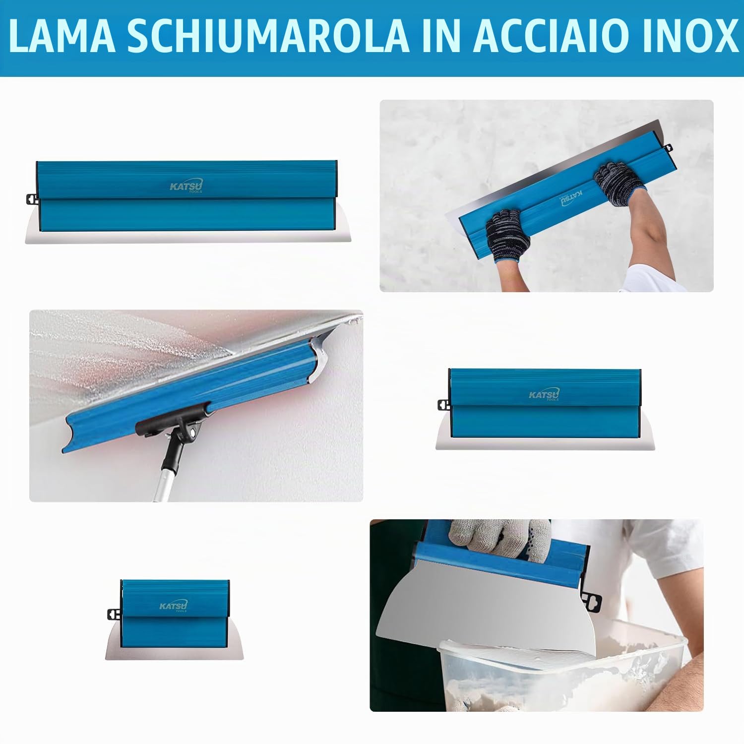 KATSU Tools Spatole per Stucco Kit, Frattazzo per Stucco in Acciaio Inox da 25+40+60 cm, Spatola di Finitura per Intonacare Pareti e Soffitti