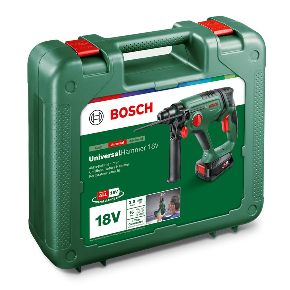 Bosch Martello perforatore a batteria UniversalHammer 18V (1 batteria da 2,5 Ah, 18 Volt System; foratura/foratura a percussione/scalpellatura; potenza del colpo da 2,0 J, SDS Plus)