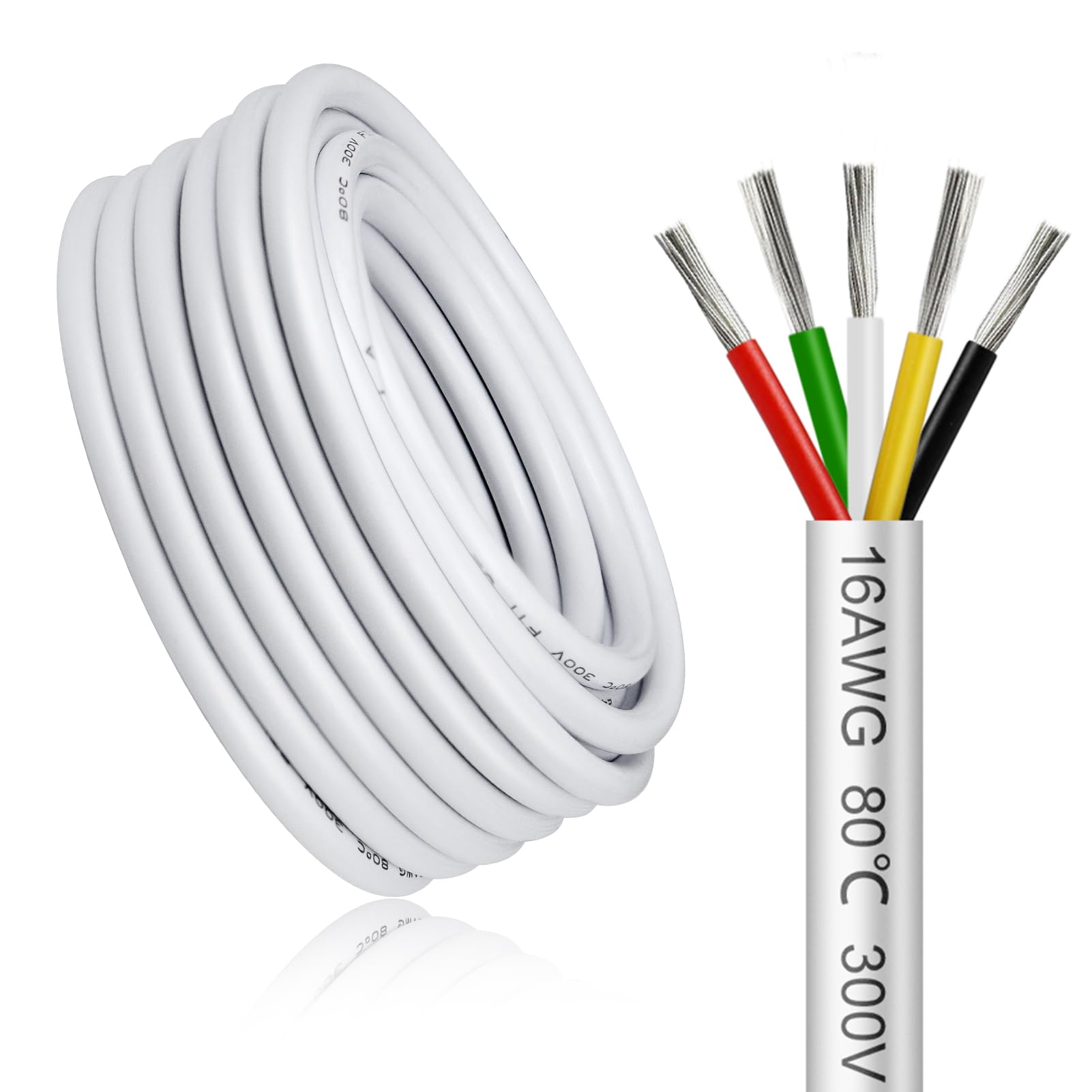 10 Meter 16AWG 5x1,5mm² Elektrischer Kabel, 5 Adriges Kabel 5V/12V/24V/300V Weiß Verzinntes Kupferkabel, Flexibel und Weich Niedrige Impedanz Hohe Temperaturbeständigkeit Verlängerungskabel