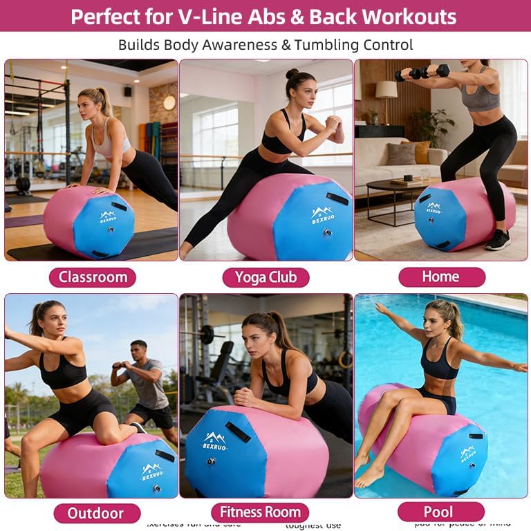 Gymnastics Air Barrel Roller, Inflatable Tumbling Roller Air Mat, Ergonomic Yoga Training Equipment, Barrel Trainer with Pump for Backhandspring, Cheerleading, Home, Gym & Yoga Practice-Multiple Sizes 2.6FT–3.5FT Length