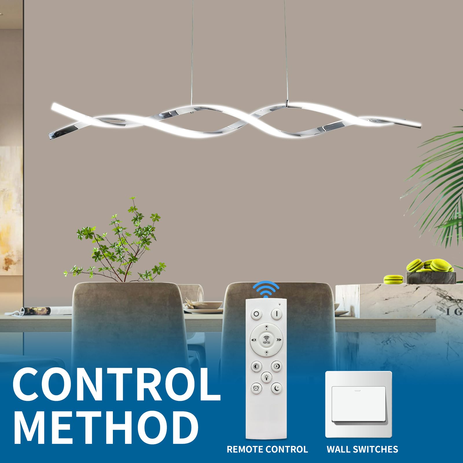 Mikeru Luce a Sospensione Moderna ad Onda, Luce a Sospensione Ondulata LED Cromata da 120cm 3000k/4500k/6500k Dimmerabile Dal 10%-100% Luci a Sospensione Regolabili in Altezza da 1cm-150cm per Isola