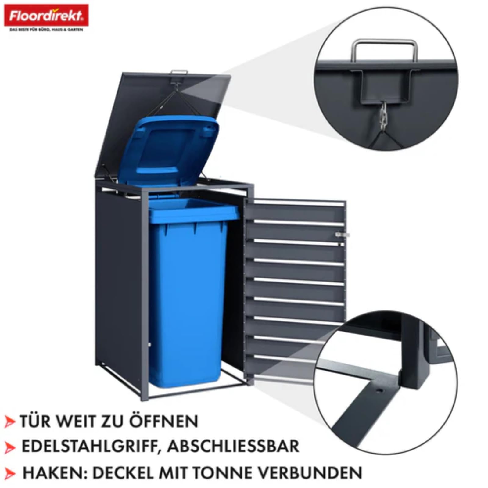 Floordirekt Mülltonnenbox 1er Mülltonne für 60-240 L - Anthrazit - inkl. Erweiterungsmöglichkeit - Mülltonnenverkleidung, 1 Tonne, Garten Müllhaus, Müllbox, Magnus