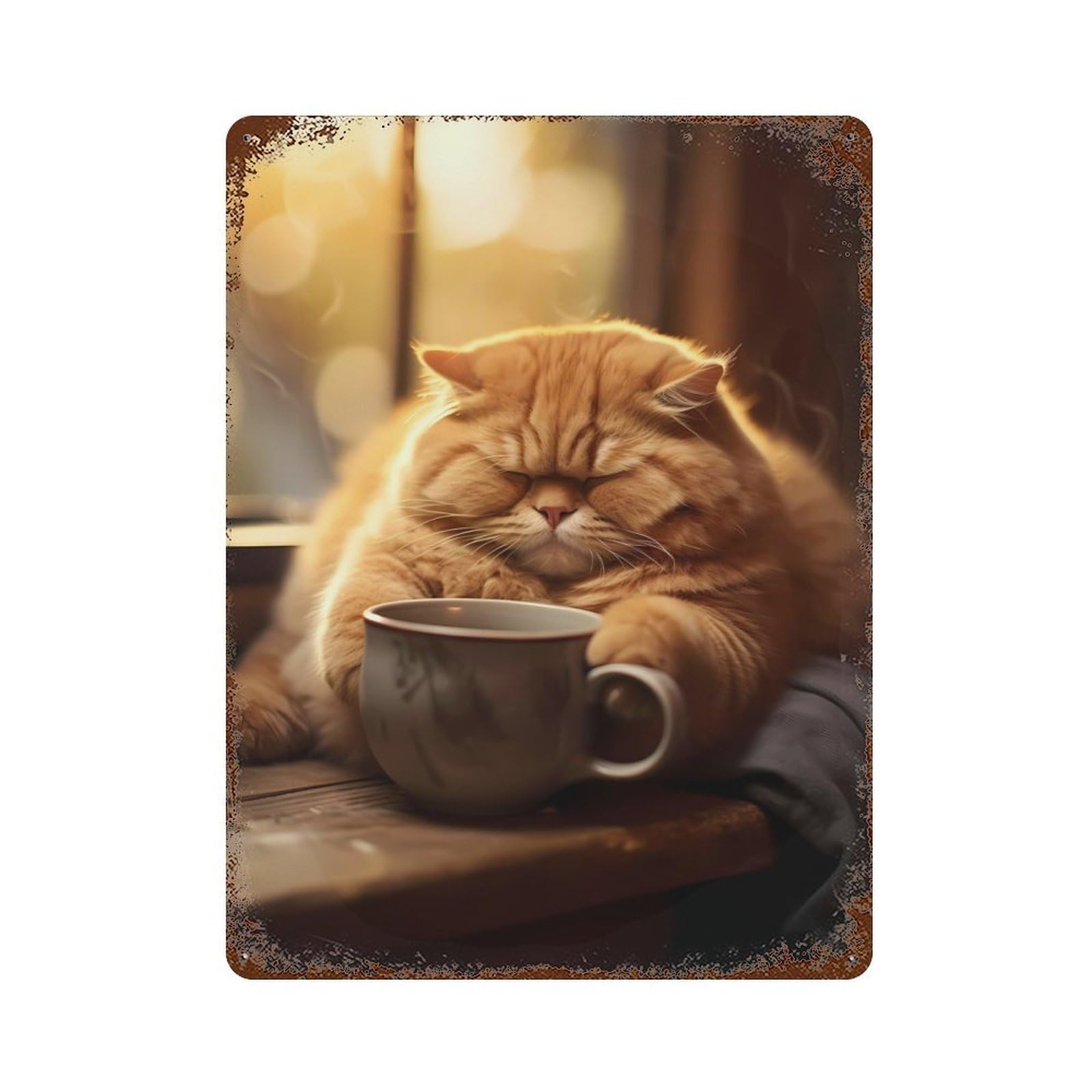Retro Metal Sign with Fat Cat Morning Coffee Pet Design 15.7"x11.8", for Living Room, Hallway And Home Decor, Farmhouse Wall Decor