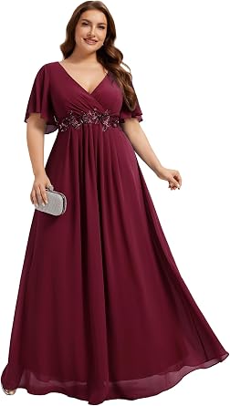 Ever-Pretty Plus Size Formal Dresses for Curvy Women Chiffon V Neck Mother of The Bride Dress Short Sleeves Evening Gowns