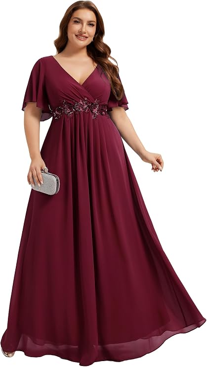 Ever-Pretty Plus Size Formal Dresses for Curvy Women Chiffon V Neck Mother of The Bride Dress Short Sleeves Evening Gowns