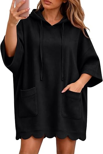Scalloped Hoodie Dress for Women with Pockets Long Sleeve Sweatshirt Dress
