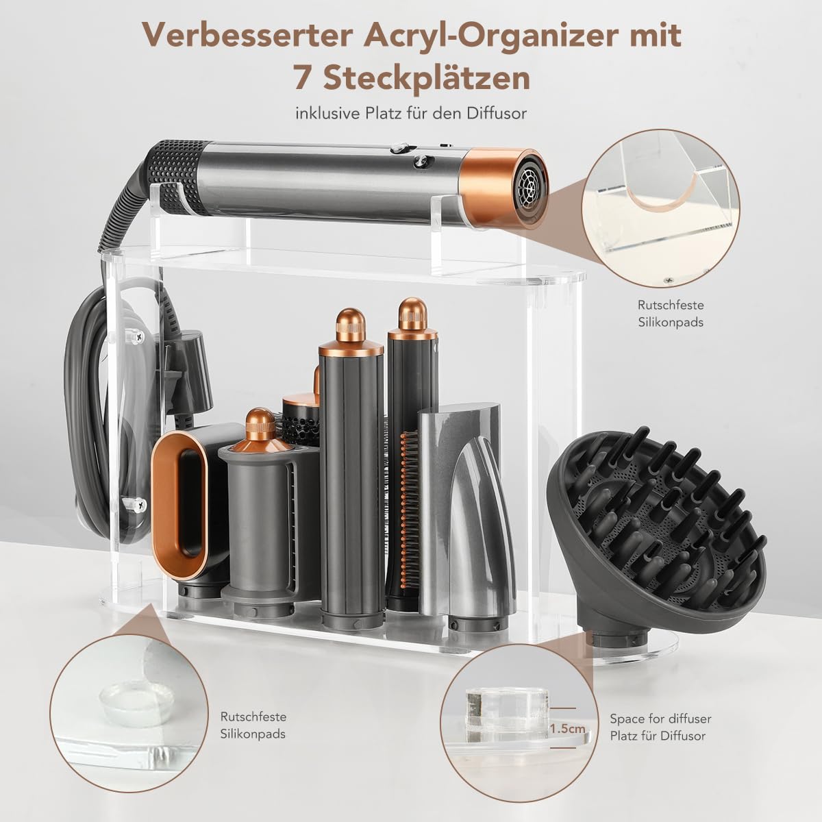 TOSAGE Acryl Organizer für Dyson Airwrap, 7 Fächer für Aufsätze & Diffusor, platzsparender Aufbewahrungshalter für Bad & Zuhause, mit einfacher
