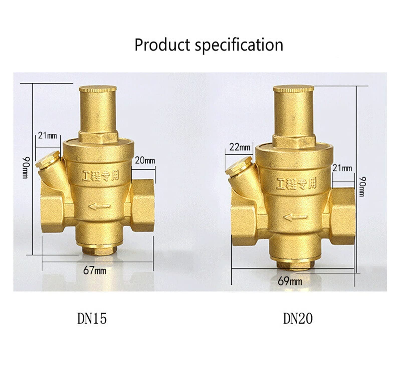 Régulateur Pression Gaz Vanne de réduction d'eau réglable DN15 DN20 1/2 3/4 Pouces vannes de régulateur de manomètre en Laiton avec jauge (Size : DN20)