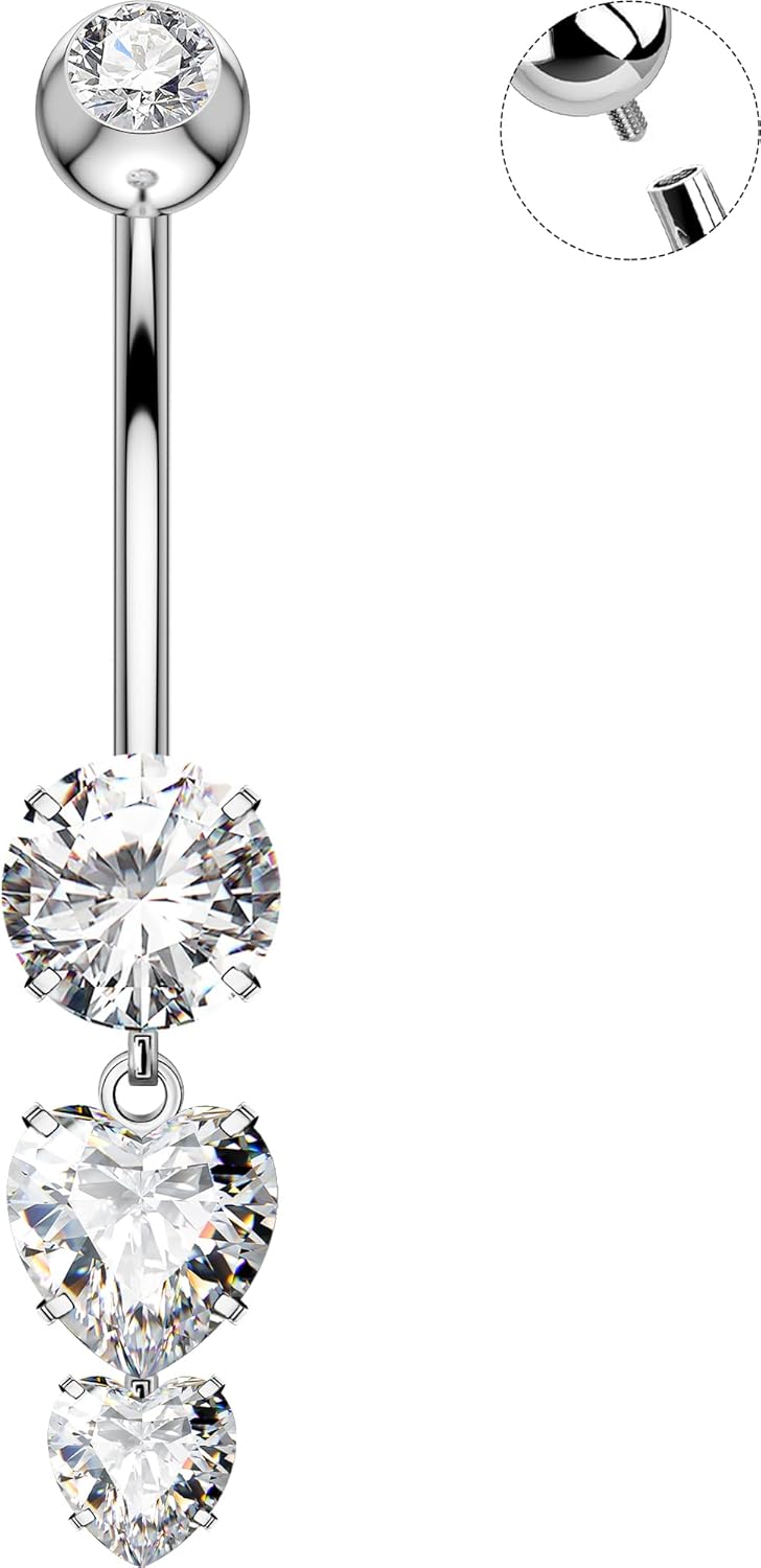 OUFER Belly Button Rings, 14G Heart Shaped Pendant Belly Button Piercing, G23 Solid Titanium Internally Threaded Belly Rings, Clear CZ Pendant Navel Piercing Jewelry For Women