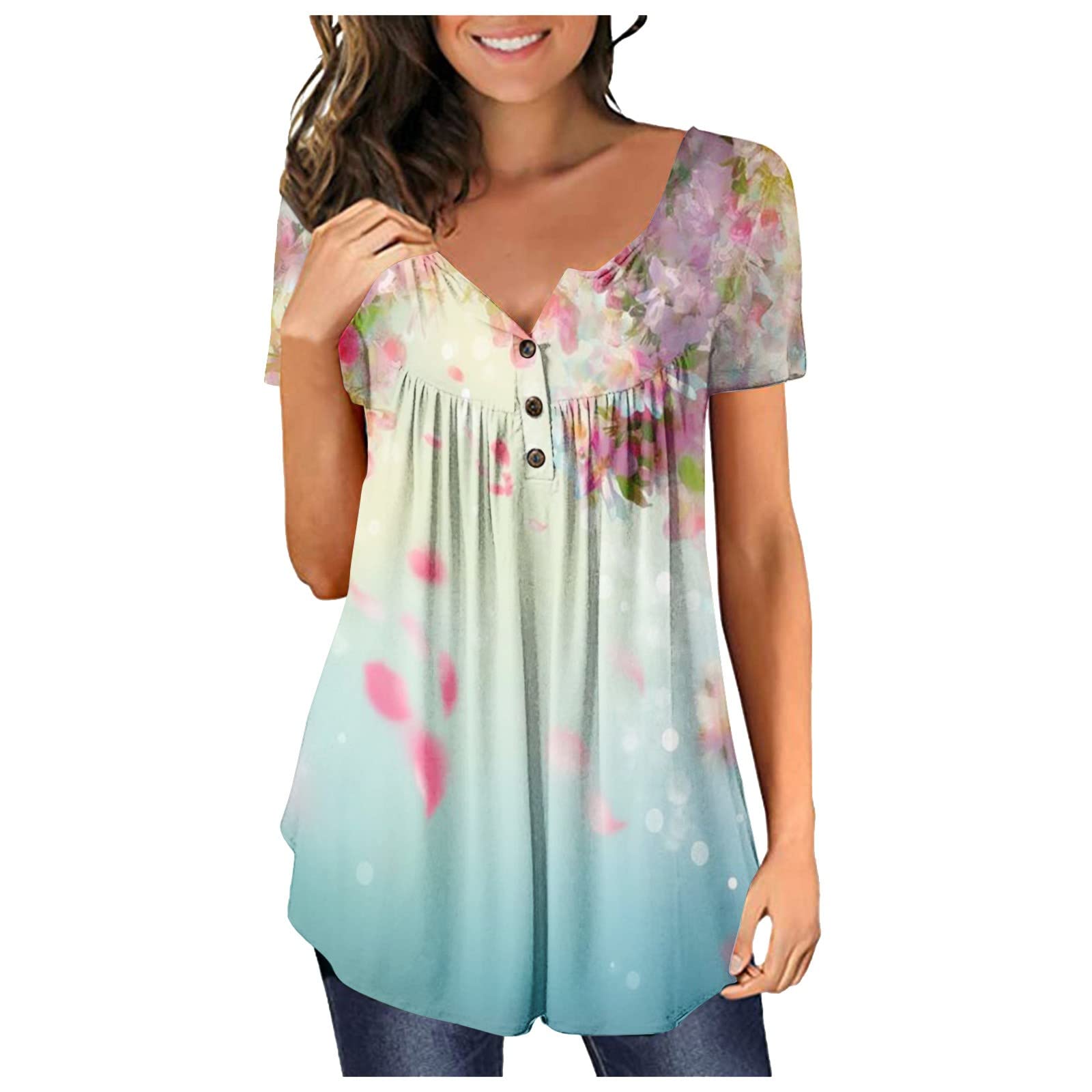 Women Short Sleeve Tops Button Up V Neck Flowy Ruffle T-Shirt Floral Print Going Out Tunic Blouses for Leggings