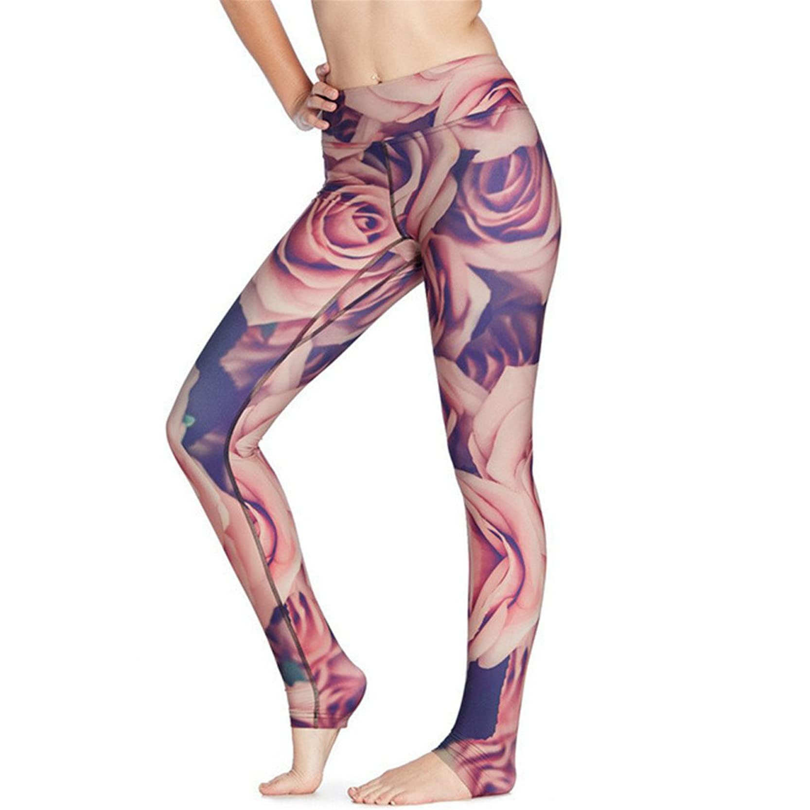 Legginsy damskie Push Up, Women Rose Flower Prints Yoga Pants High Waist Butt Lift Skinny Workout Leggings Quick Dry Sports Tights 7/8 Length Trousers rozciągliwe sportowe legginsy do jogi (Color : P