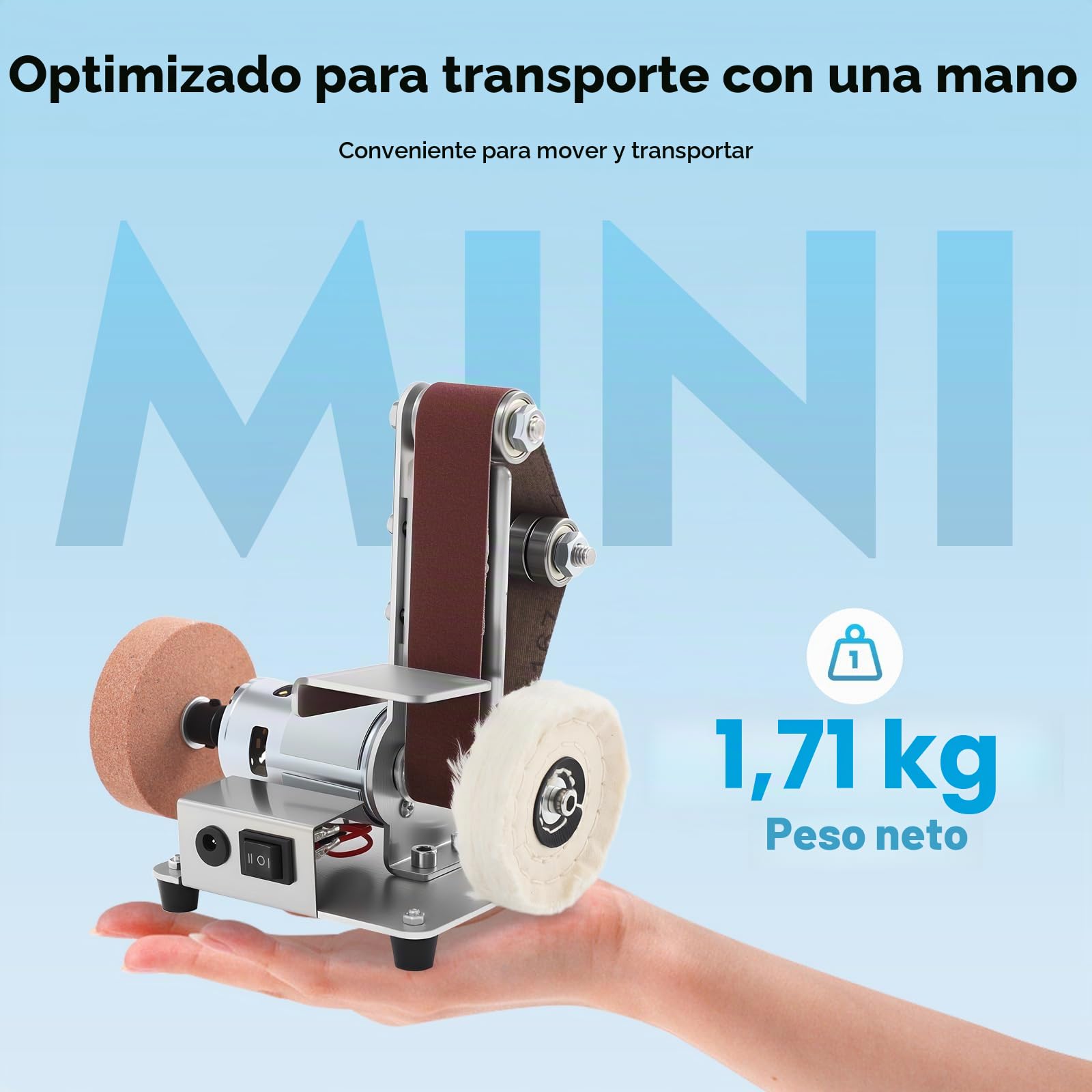 Mini lijadora de banda de 7 velocidades, lijadora eléctrica de cinturón, pulidor para madera, metal, lijadora de mesa portátil, 240V, con banda de lija amarilla, para trabajos de bricolaje en madera