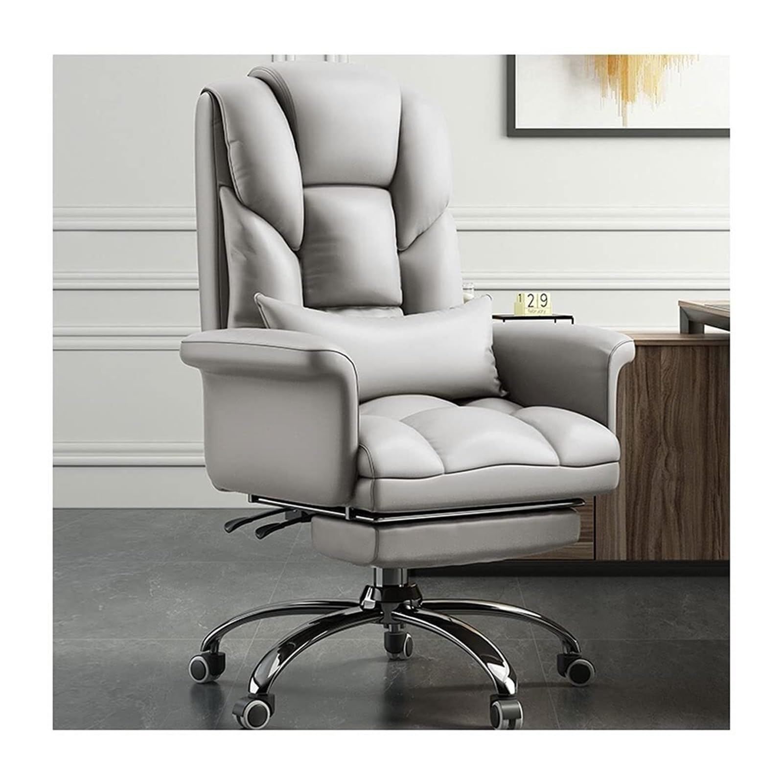 HTTGDGDH High Back Executive Chair - Pu Leather Office Chair With Swivel Rocking Function Adjustable Height & Footrest - Ergonomic Support For Home & Office Brown,Gray+footrest
