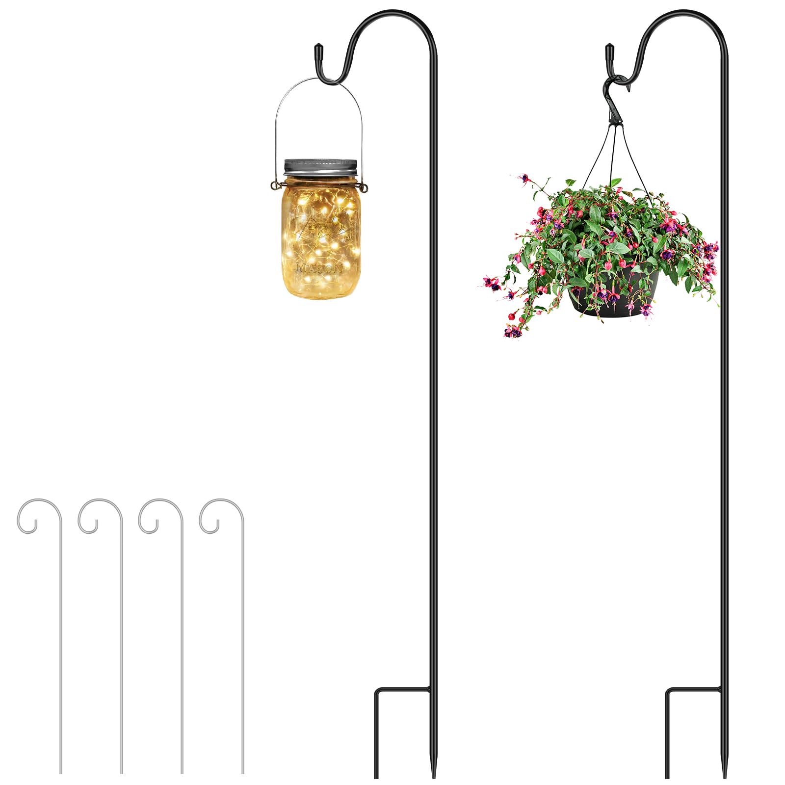 OFFCUP Shepherds Crook Hooks, 2pcs 100cm Bird Feeder Pole with Base, Adjustable Height Shepherds Hooks with 4pcs Place Card Holders, Bird Feeders Hanging Station for Garden Lights, Bird Feeder ect