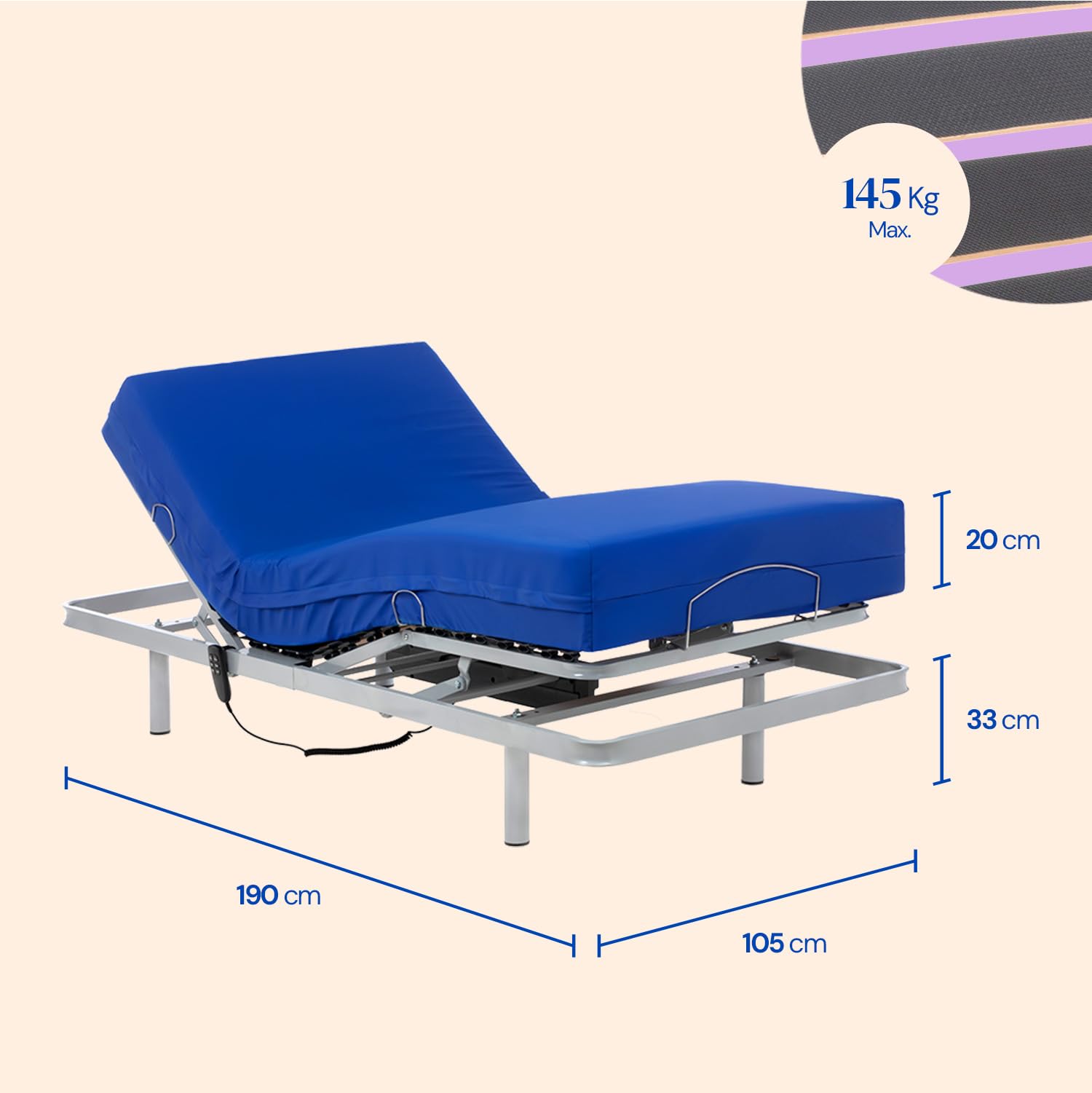 Geriafy Cama articulada con colchón viscoelástico V6 105x190 cm | Pack completo, colchón viscoelástico de 20 cm, funda impermeable, máximo confort