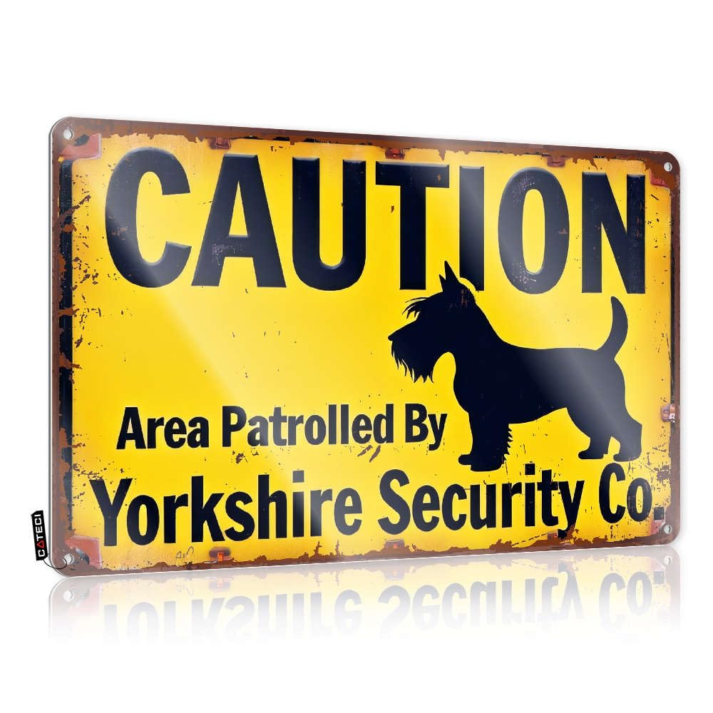Sujd Men's Colour Tinplate Sign Vintage Rules Metal Pre-Drilled & Western Themed Decor Flat Print | Caution: Area Patrolled By Yorkshire Security Co. For Room - Porch Signs And Outdoor