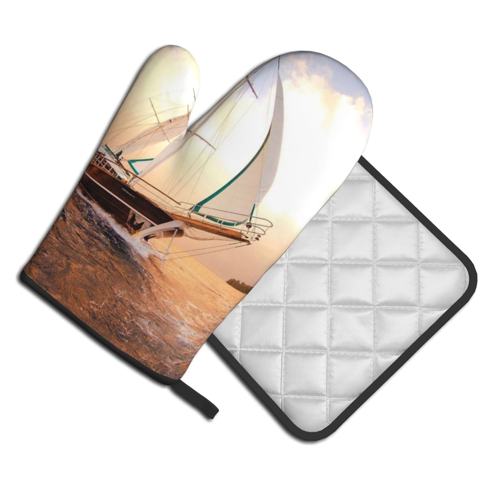 Oven Mitts and Pot Holders Set of 2 Pcs, White Sailing Ship at Sunset Printed Heat Resistant Kitchen Gloves Potholders for Cooking Baking Grilling