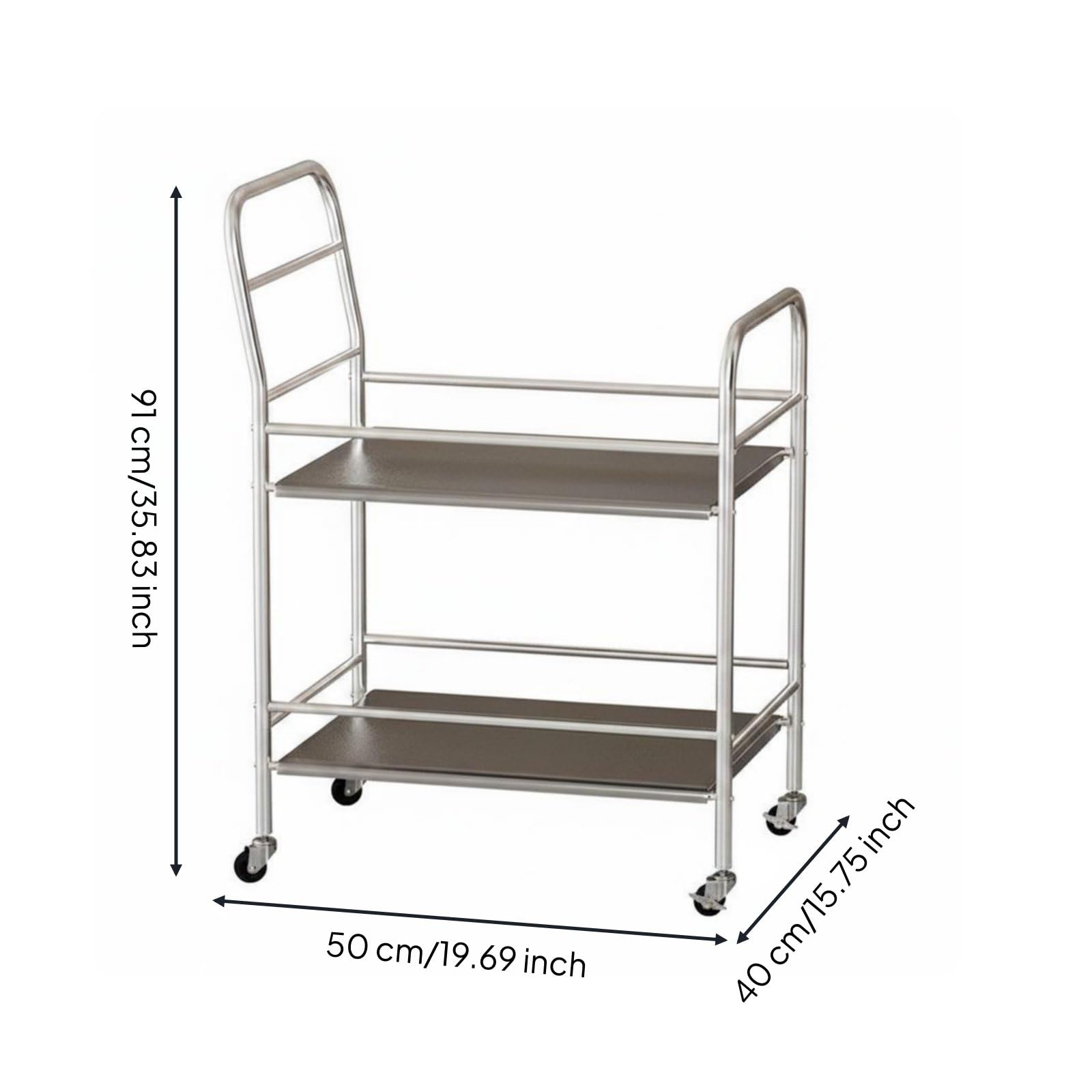 Homyl Chariot Utilitaire de Cuisine Chariot de Roues Métal INOX avec Tablettes Organiseur de pour Stocker Vaisselle, Chariot À Deux Niveaux en Acier Inoxydable avec Poignée 50x40x91 Cm