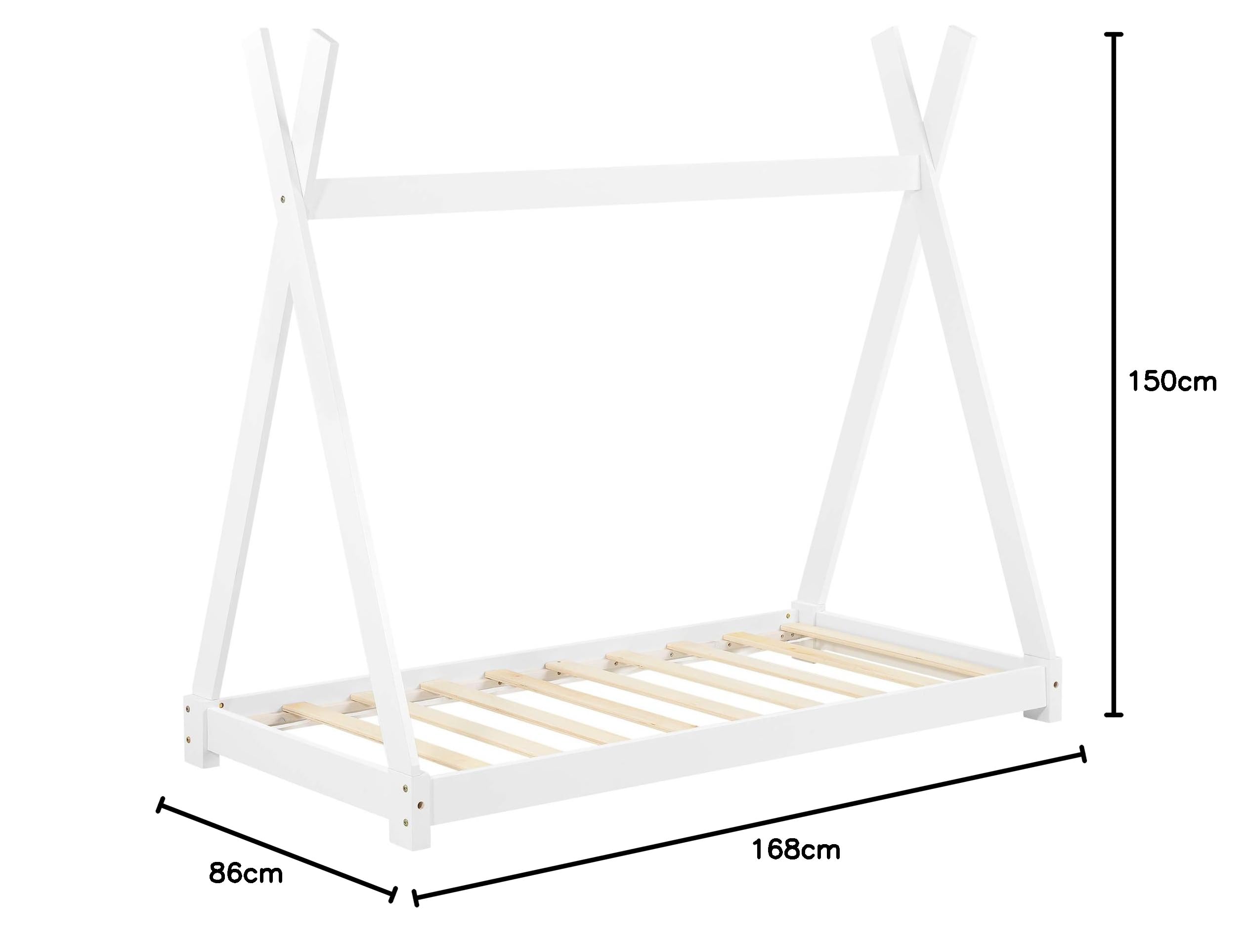 [en.casa] Letto per Cameretta a Forma di Capanna Letto Tipi per Bambini Struttura in Legno di Pino in Stile Montessori 80 x 160 cm Bianco