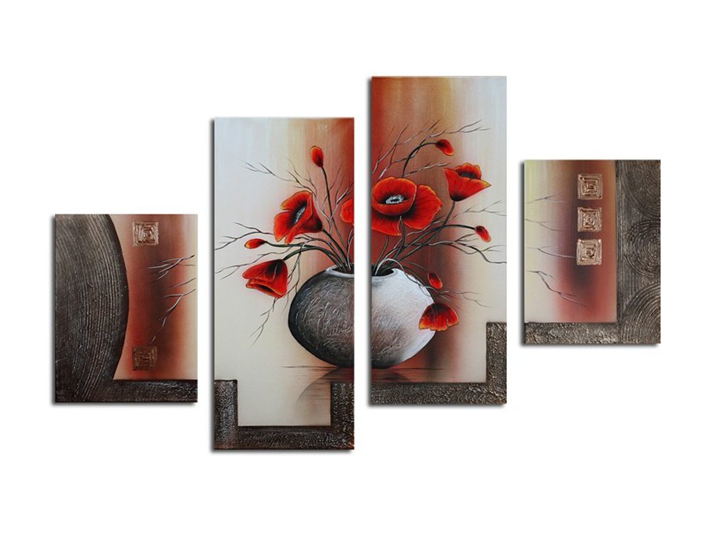 Noah Art-Modern Paintings of Flower, Orange Red Tulips in a Vase 100% Hand Painted Floral Oil Paintings On Canvas, 4 Panel Framed Flowers Wall Art for Dinning Room Living Room Wall Decoration