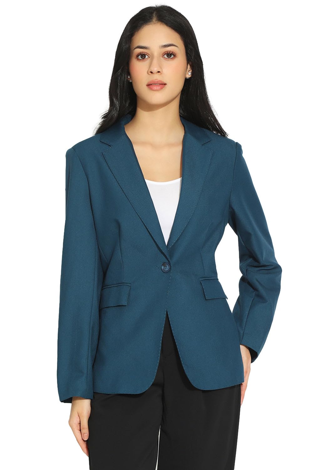 showoffff Women's Teal Single-Breasted Blazer with Shoulder Pads-CHN-9678_Teal-picture-11