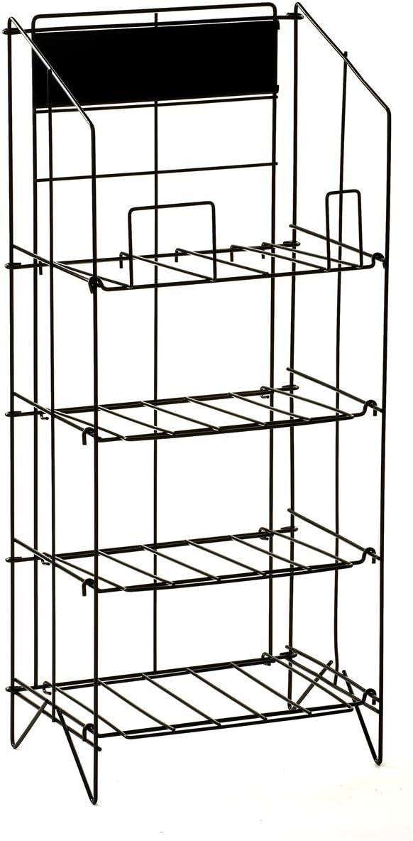 Wire Newspaper Stand with 4 Shelves, Free-Standing, Adjustable-Height Pockets, with Nameplate - Black