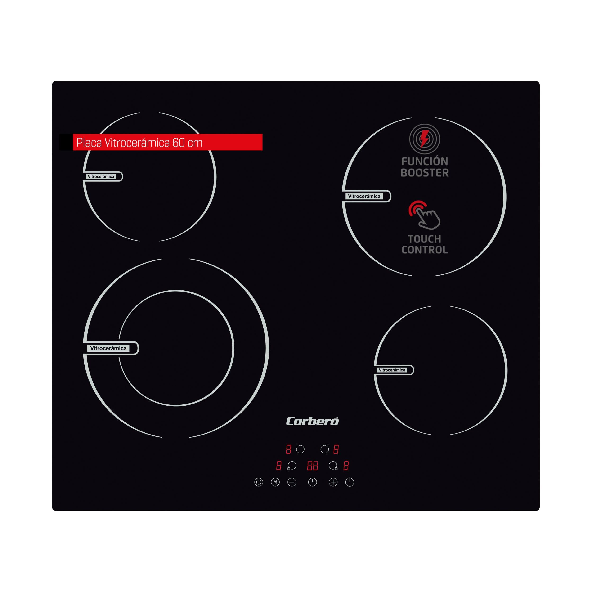 Corberó - Placas Vitrocerámica 520X590X55 | CCVBR6450| 6400W Potencia | Touch Control | 4 Zonas | 9 Niveles de Potencia | Temporizador 99 Min | Sistema de Seguridad | Vitrocerámica | Negro