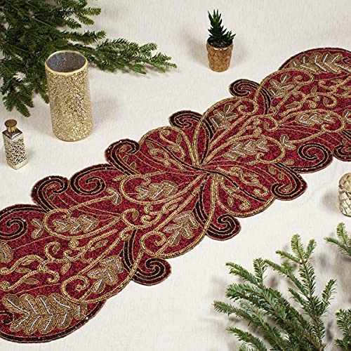 Cotton Craft Scarlett Leaves Handmade Beaded Table Runner - Halloween Harvest Autumn Fall Thanksgiving Holiday Christmas Xmas Celebration Festive Party Tabletop Décor Tablerunner - 13X36 Red & Gold #TOP1