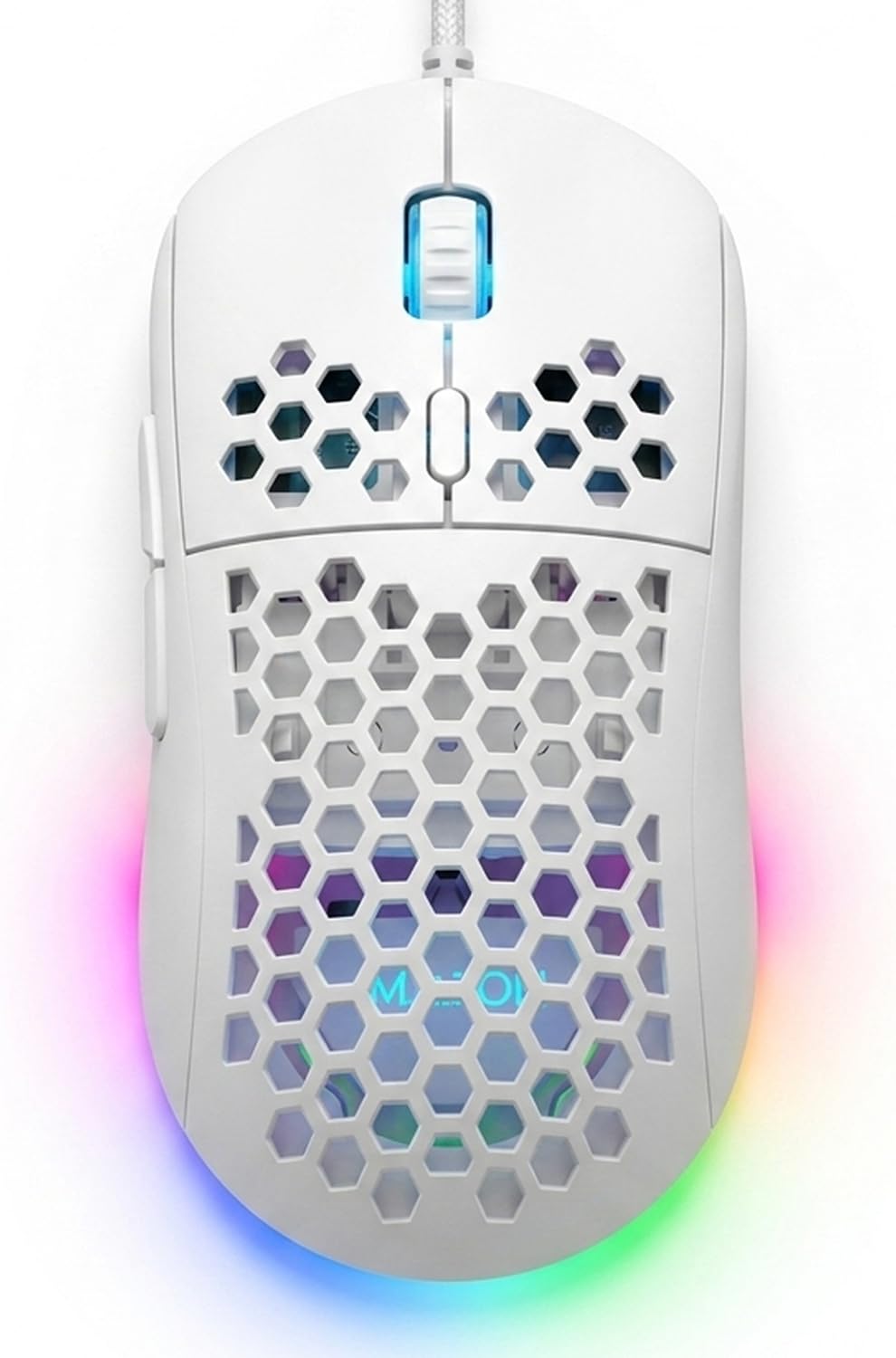 MR.FOX M1 Honeycomb Gaming Mouse Wired, 75g Lightweight, White | 12,800 DPI, 6 Programmable Buttons, RGB Lighting with Music Sync, Braided Cable, Gaming Mouse for PC/Mac