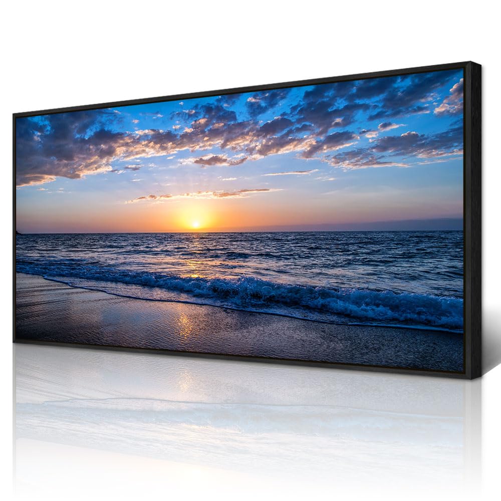 Wapluam Large Canvas Wall Art For Living Room Black Framed Wall Decorations For Bedroom Office Wall Decor Blue Ocean Wall Painting Sea Beach Seascape Pictures Fashion Artwork Hotel Room Home Decor