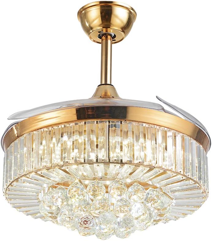 42" Crystal Ceiling Fan Light With Remote Control Invisible Retractable 4-Blade Gold Mute Fan Chandelier 3 Colors Change