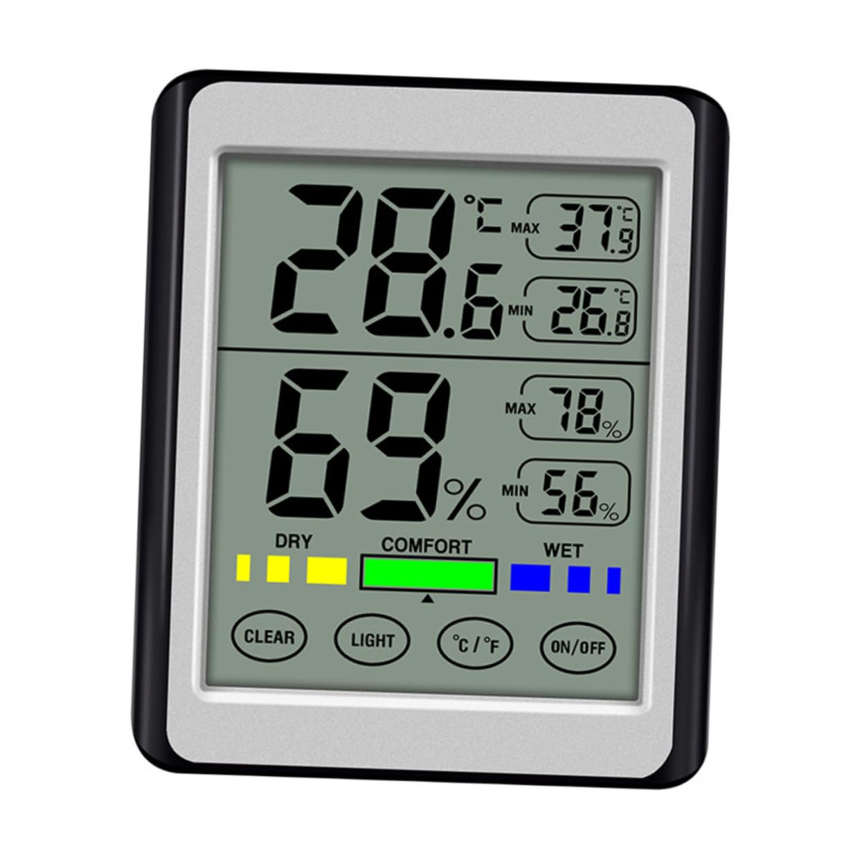 Mipcase Touch Screen Digital Indoor Thermometer Hygrometer with Clock Accurate Temperature and Humidity Monitor for Home Office Battery Not Included Silver Grey