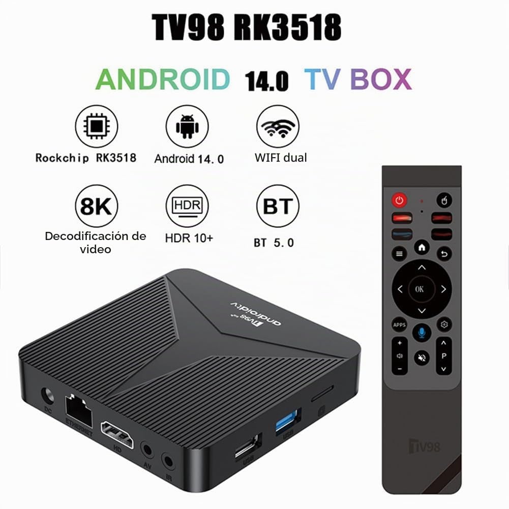 TV Box Android 14, Android Box 2GB + 16GB, RK3518, Cuatro Núcleos, 2.4G/5G, WiFi Dual, Compatible con 265, 8K HD, Bluetooth 5.0, Smart TV Box UE.