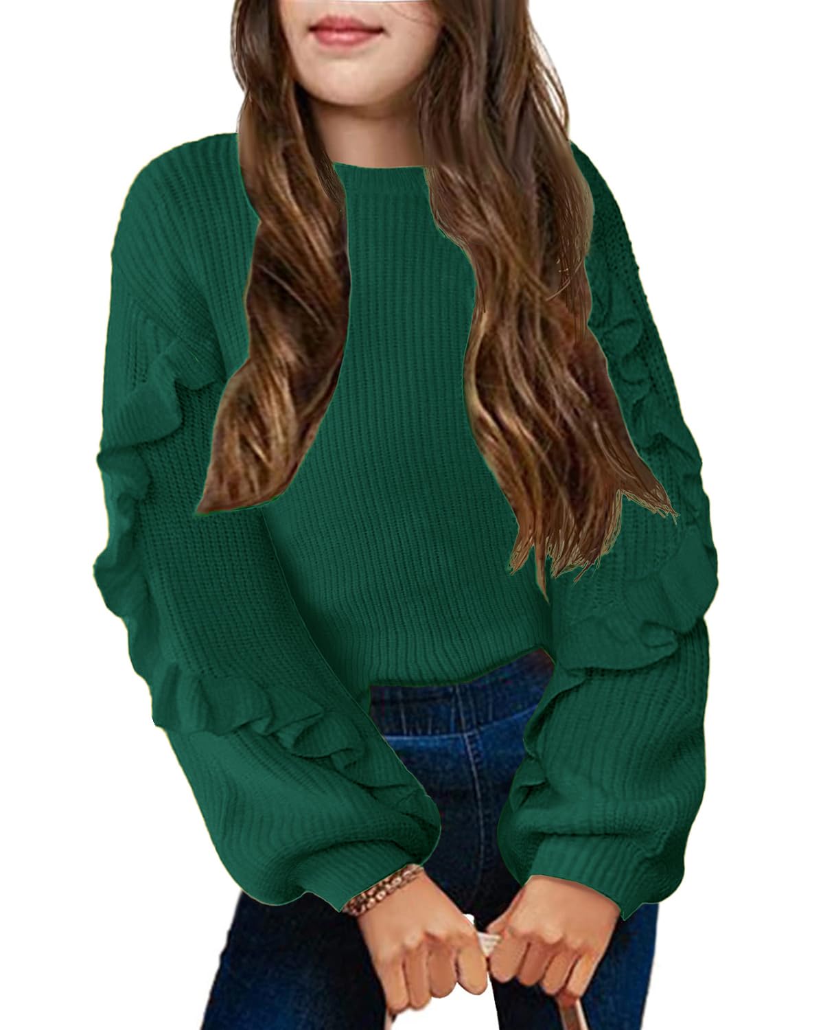 Arshiner Girls Long Lantern Sleeve Sweaters Crew Neck Knit Pullover Jumper Top