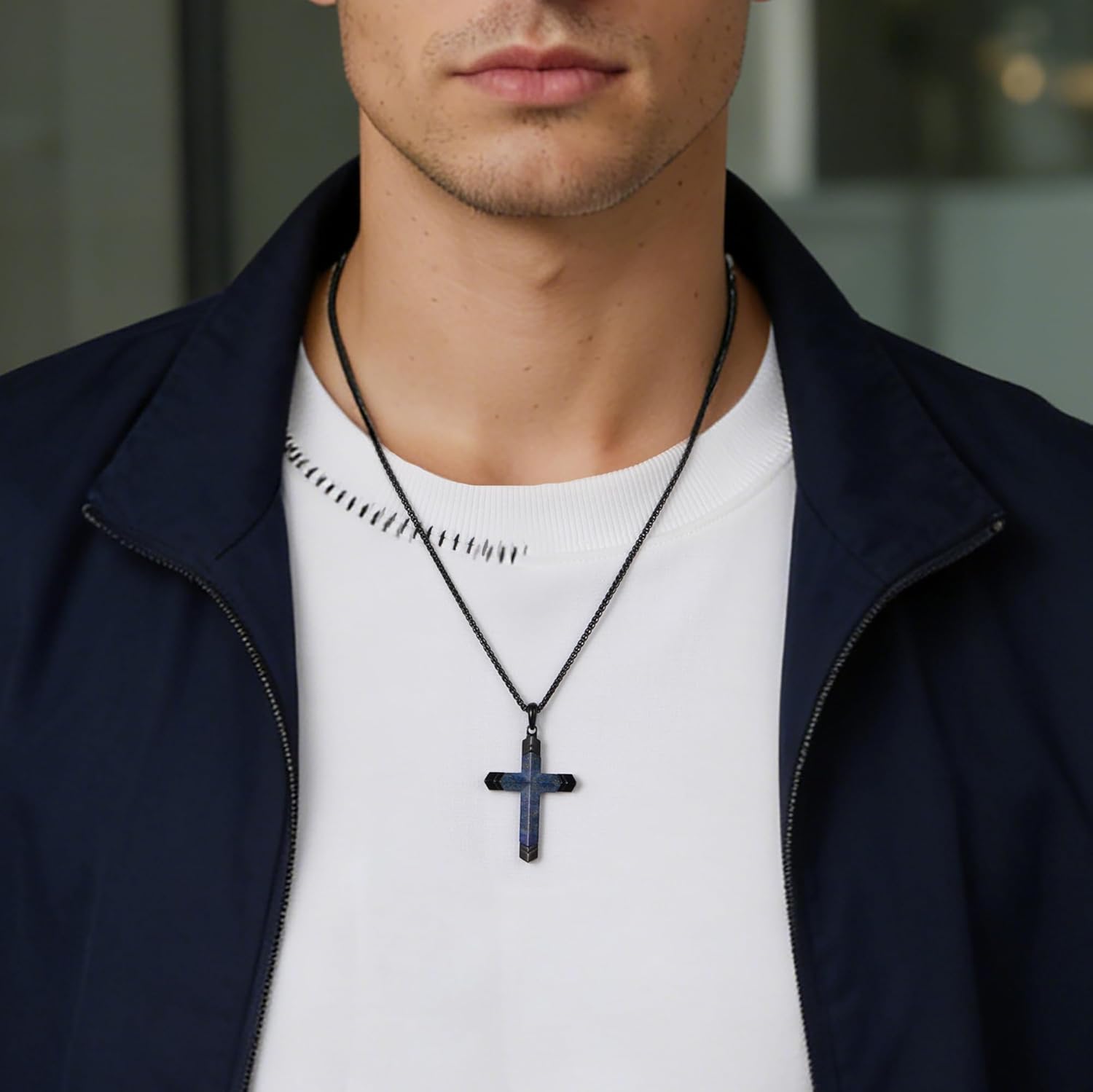 Cross Necklace for Men -Stainless Steel & Gemstone Adjustable Box Chain 24-26in, Spiritual Jewelry Gift for Him, Everyday Wear - Image 4