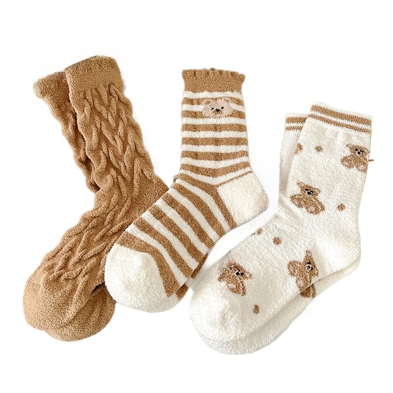 Kelabia 3 Pair Winter Bear Floral Fuzzy Socks, Thick Fluffy Thermal Sleeping Slipper Cute Socks Stocking Fall Clothes Stuff