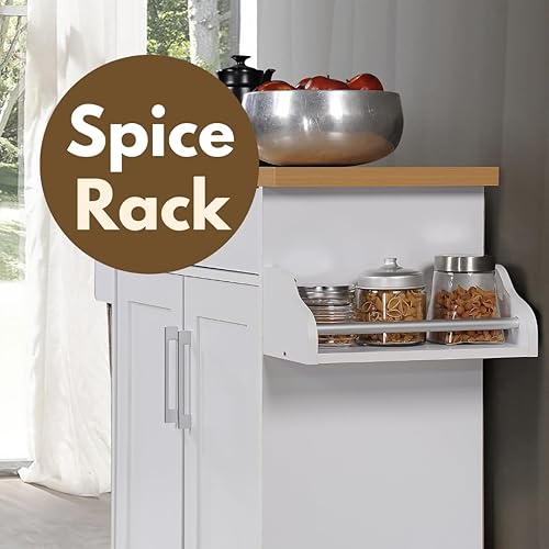 Miniatura 50 de Hodedah Carrito de isla de cocina de madera rodante con estante para especias, toallero, cajón de utensilios y gabinete, blanco con tapa de haya