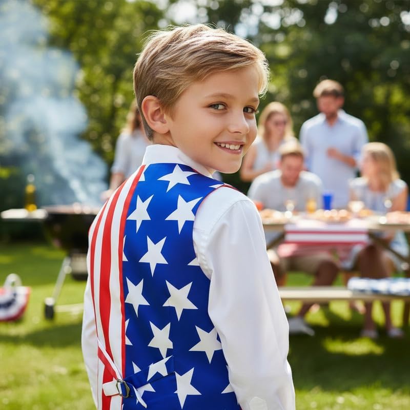 Boys' American Flag Vest 3 Button Design with Straight Pocket Bow Tie for Parties Special Occasions