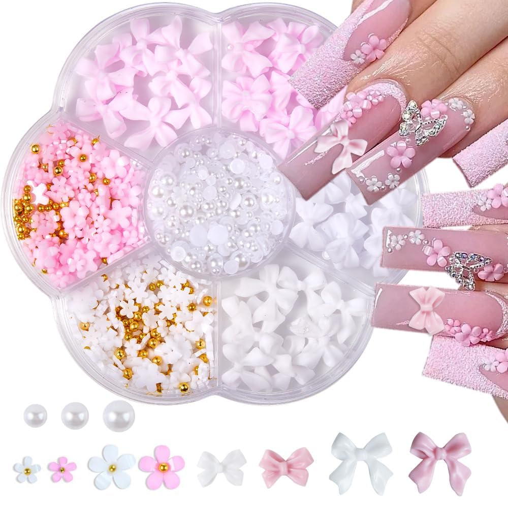 Lot de 2 boîtes de breloques pour ongles 3D (nœud, fleur, demi-perle), fleurs roses pailletées et nœuds, accessoires décoratifs pour manucure et loisirs créatifs