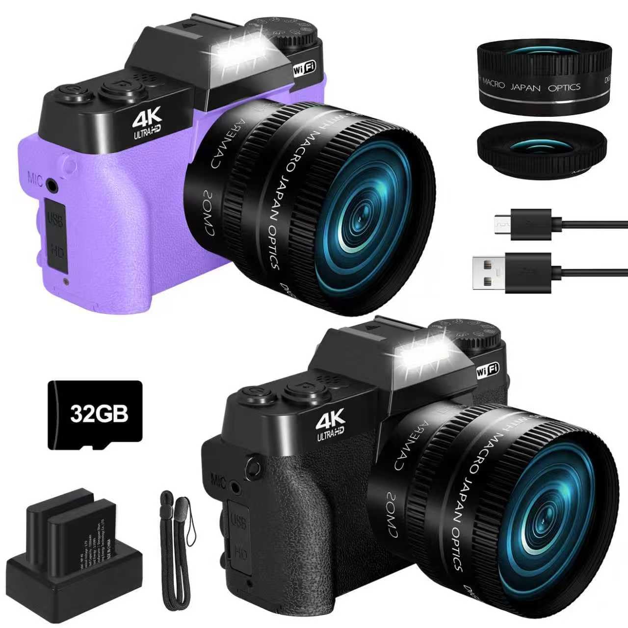 VJIANGER Digital Camera for Photography Vlogging Camera for YouTube with WiFi, 180° Flip Screen, 16X Digital Zoom, 52mm Lens, 2 Batteries, 32GB Micro SD Card(Black+Purple)