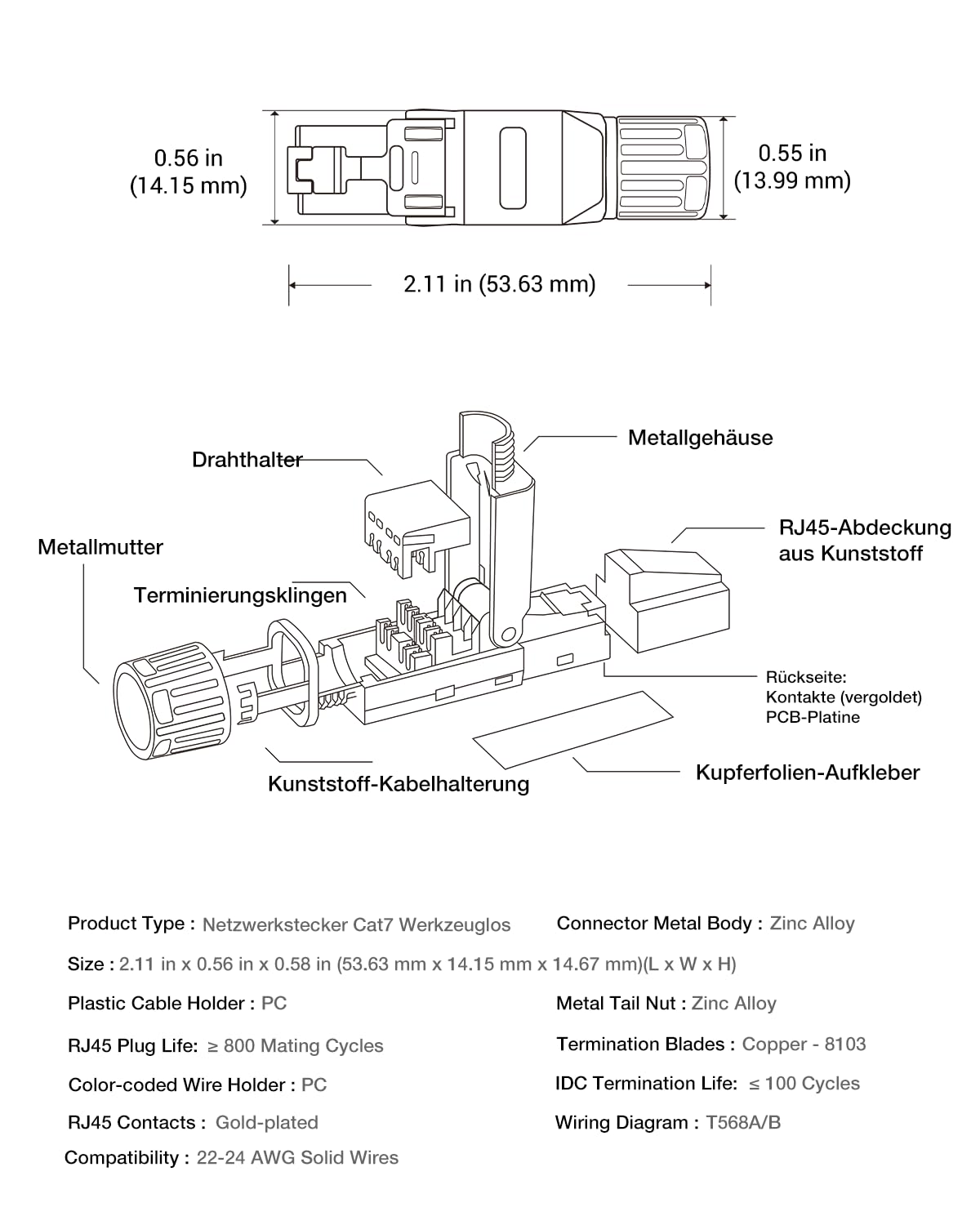 Connettore RJ45 senza attrezzi Cat8, 40 Gbps 2000 MHz, 50 U, placcato oro, spina LAN, senza attrezzi per Cat8 Cat7, cavo di collegamento schermato, spina di rete cat8 senza attrezzi